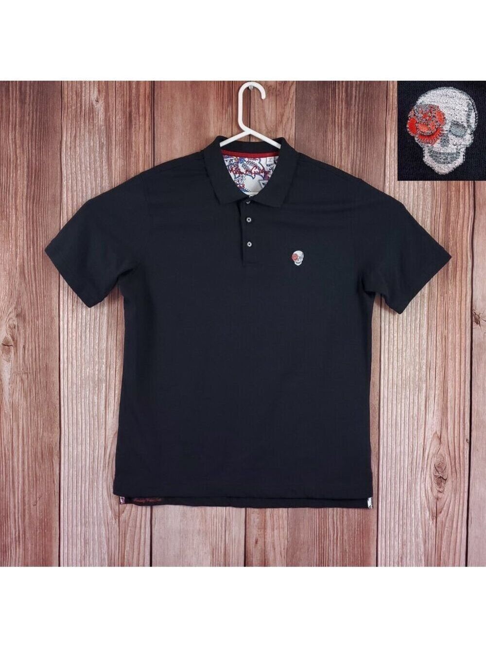 Robert Graham Mens Large Classic Fit Skull Rose Black Short Sleeve Polo Shirt
